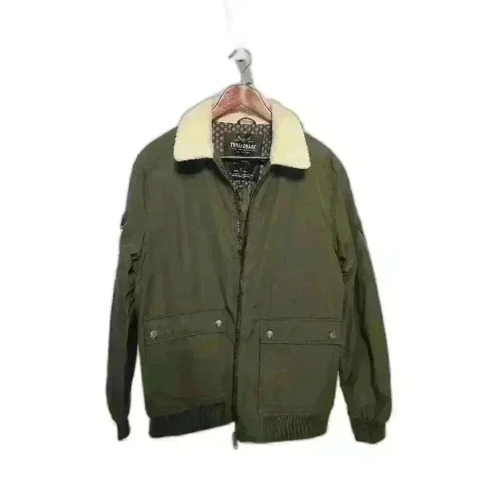 Threadbare Men's Medium Olive Green Bomber Jacket with Cream Faux Sherpa Coll